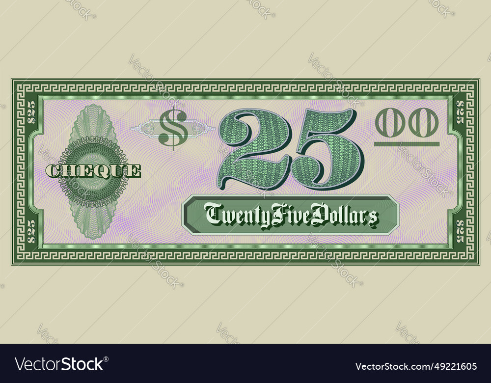 Sample green paper check of 25 dollars Royalty Free Vector