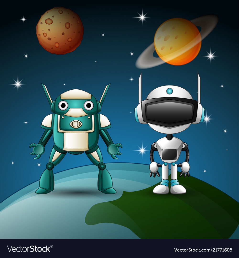 Two robot cartoon together in the space Royalty Free Vector