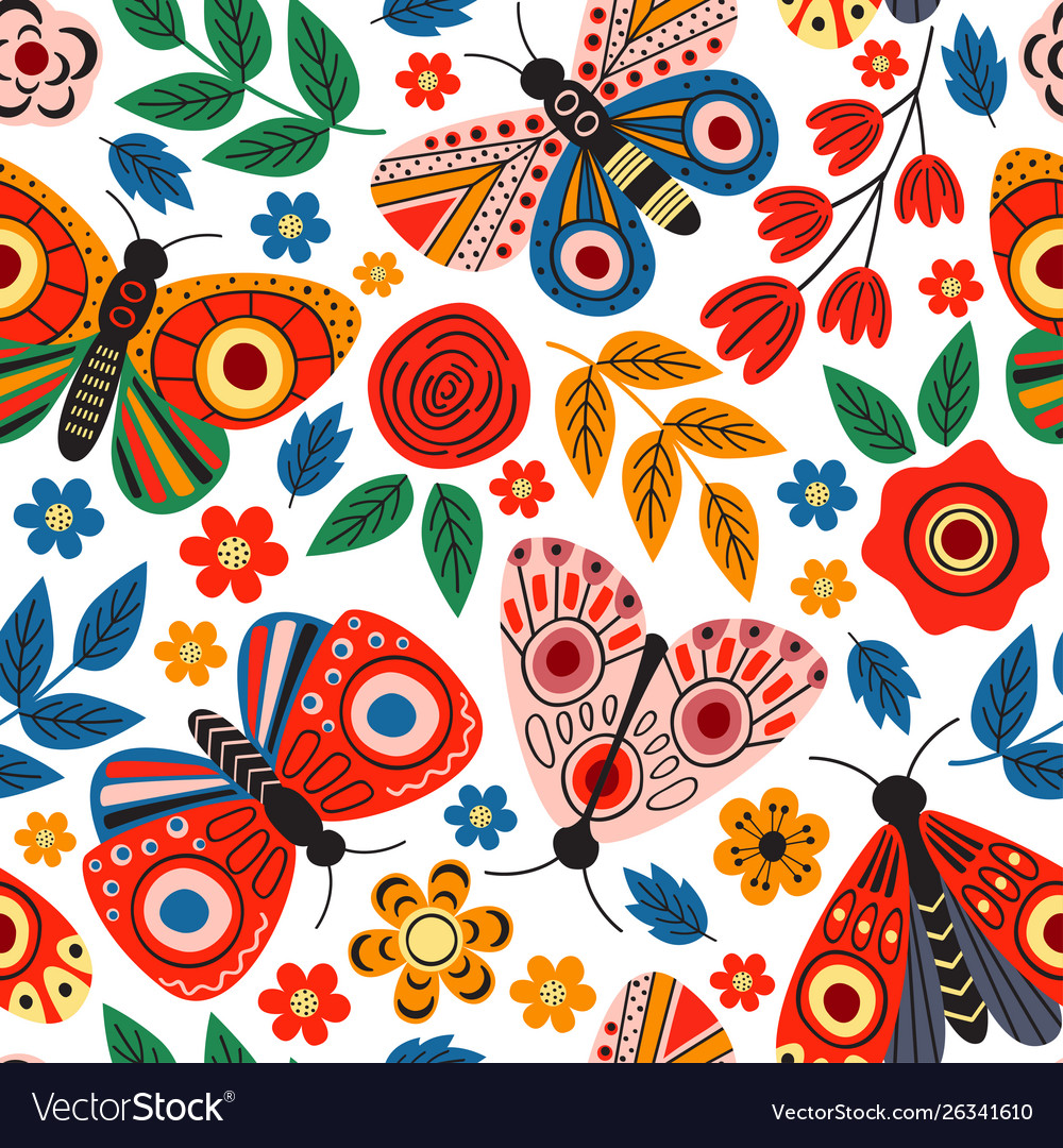 Basic rgbwhite seamless pattern with butterflies vector image Basic rgbwhite seamless pattern with butterflies