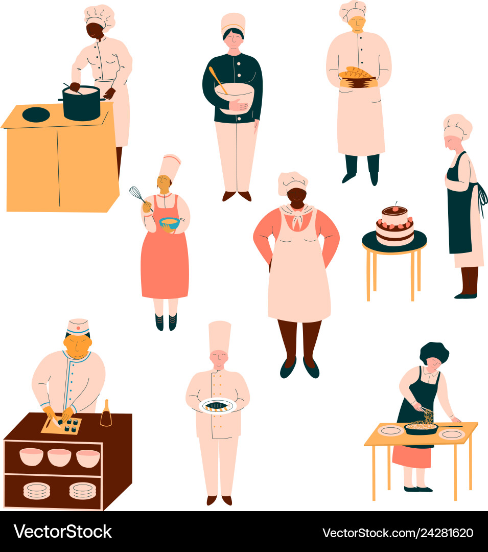 Cooks in uniform preparing and serving dishes set Vector Image