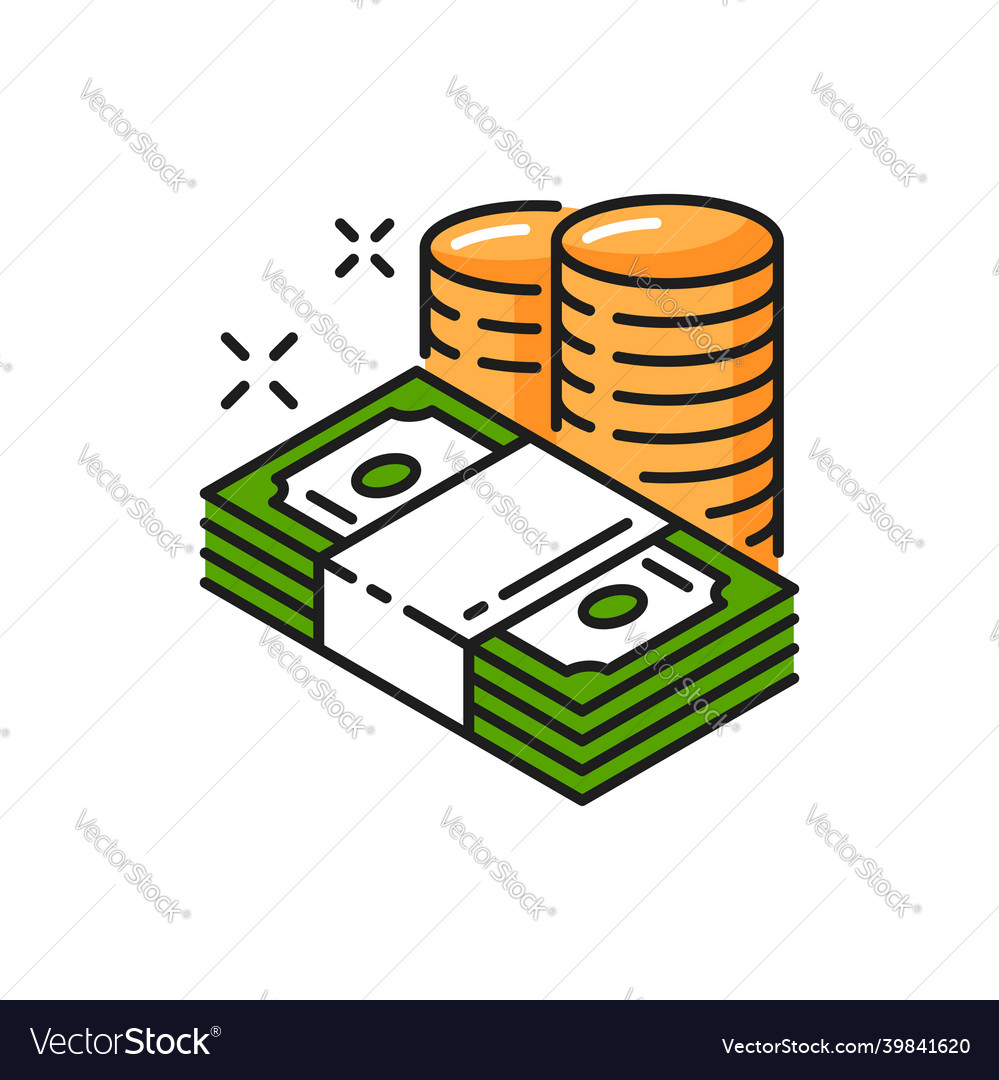 Money paper bills and coins isolated line icon vector image Money paper bills and coins isolated line icon