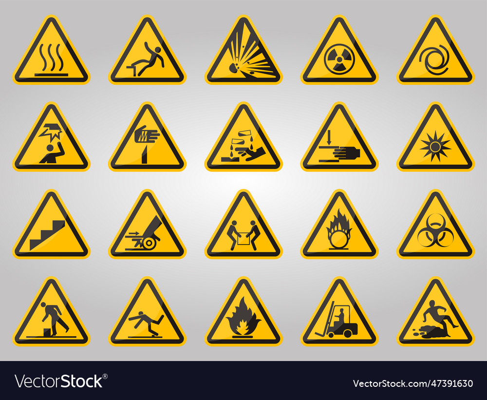 Triangular warning hazard symbols labels on white Vector Image