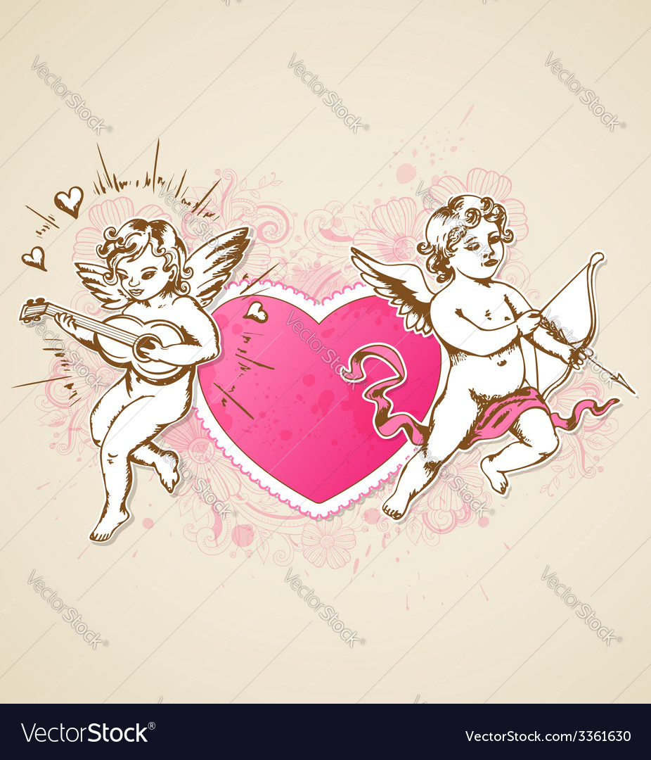 Vintage background with pink heart and cupids