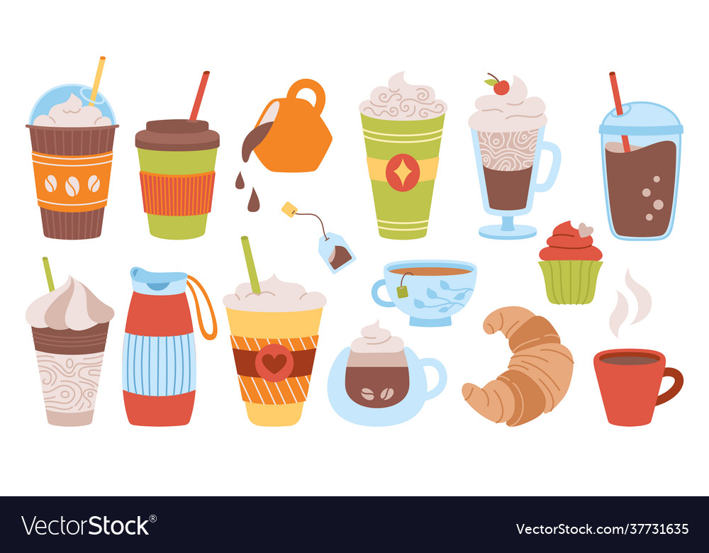 Coffee cup hand drawn trendy cartoon set flat Vector Image