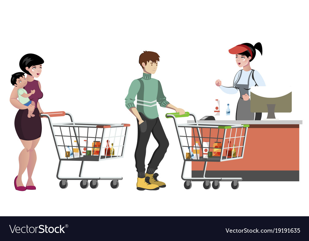 Woman cashier and people with purchases Royalty Free Vector