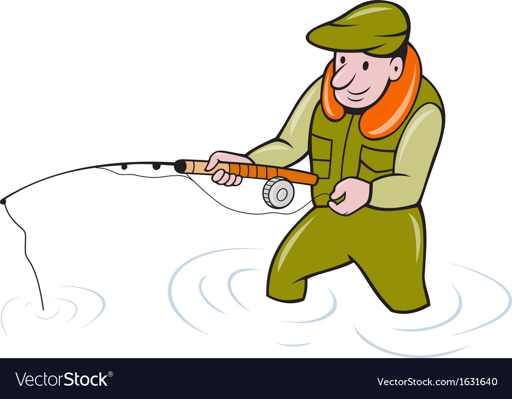 Fly fisherman with fishing rod Royalty Free Vector Image