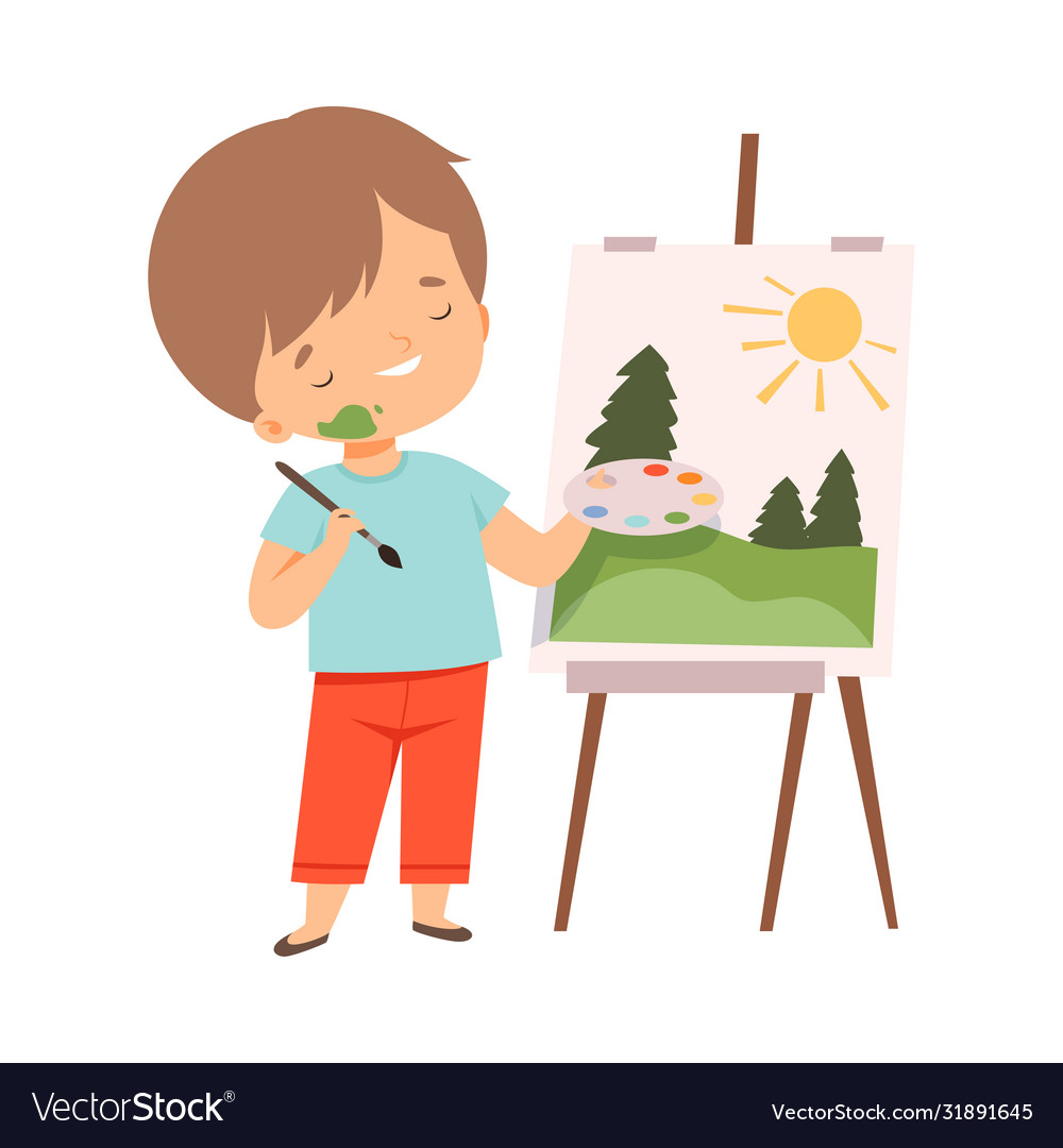 Cute boy painting picture on easel kids hobby Vector Image