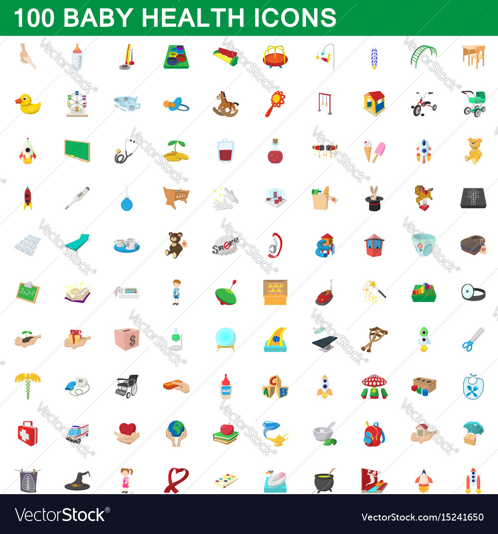 100 baby health icons set cartoon style Royalty Free Vector