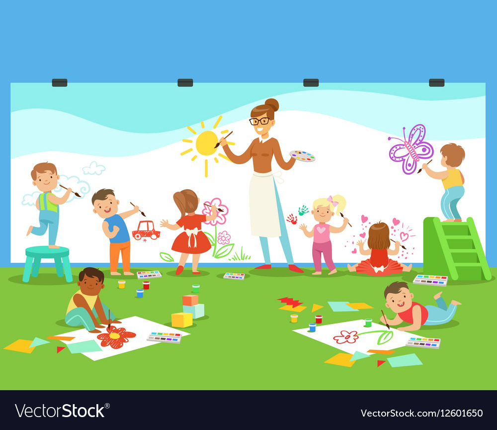 Young Children In Art Class Drawing And Painting Vector Image