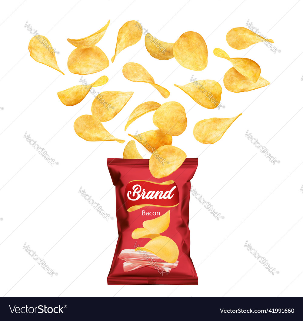 Crispy potato chips flying into pack snack food Vector Image