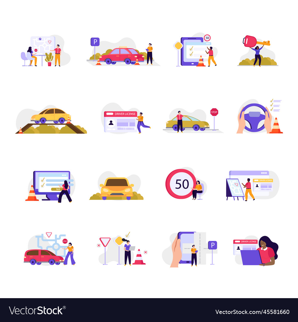 Driving school flat icon set Royalty Free Vector Image