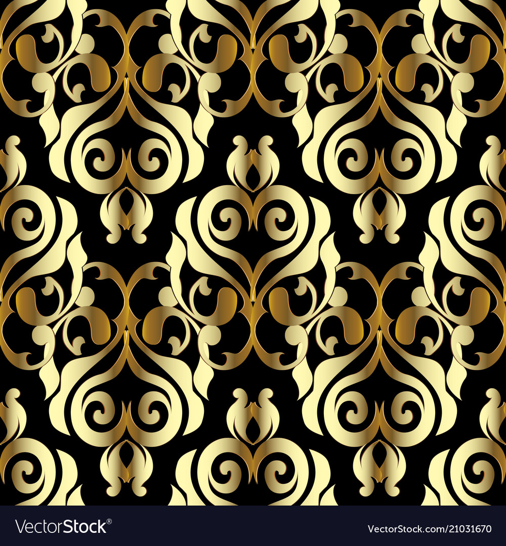 Damask Seamless Pattern Black Gold Floral Vector Image