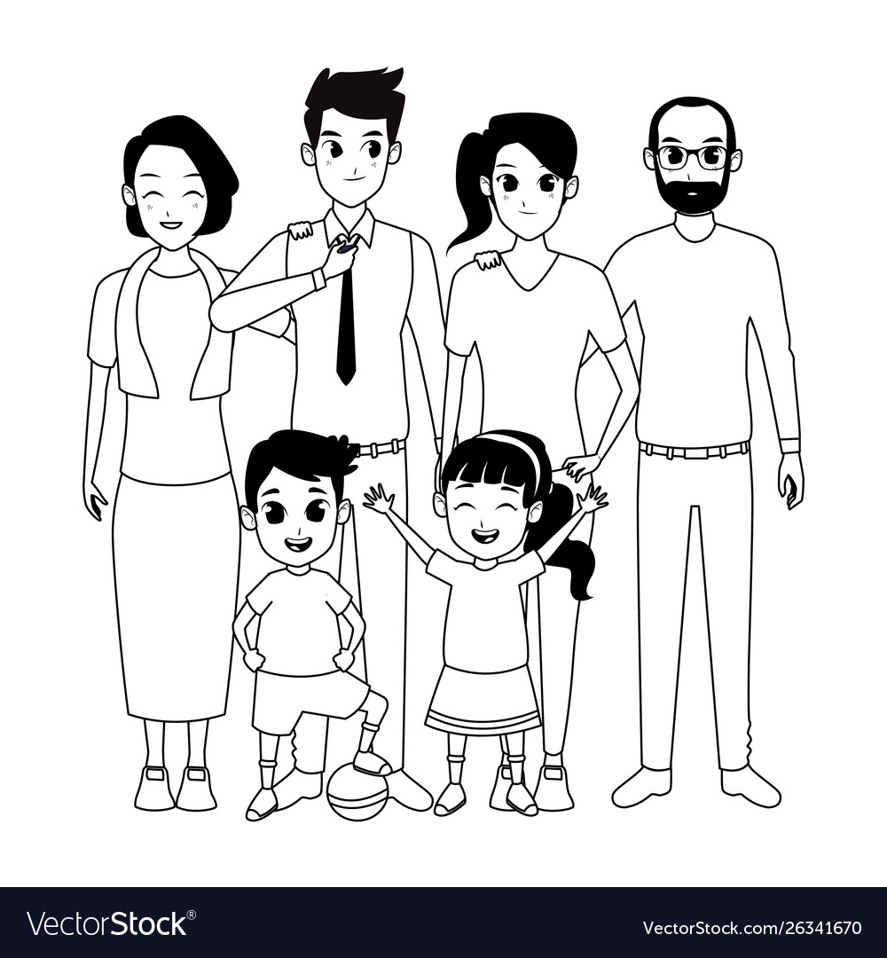 Family parents and children cartoons in black Vector Image