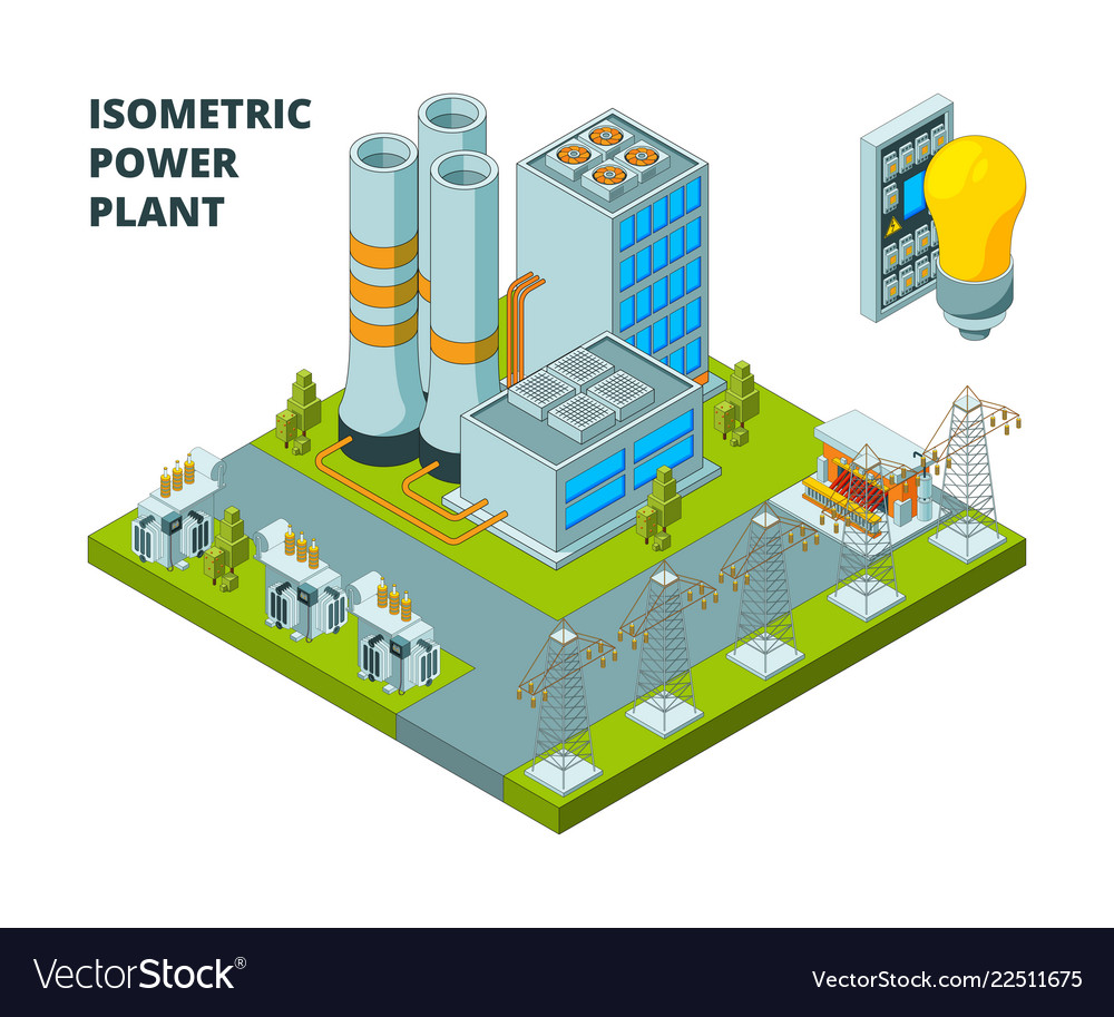 Power factory. Power plant 3d isometric. энергетические станция вектор. green power plant 3d isometric. чертеж стройки энерго станции.