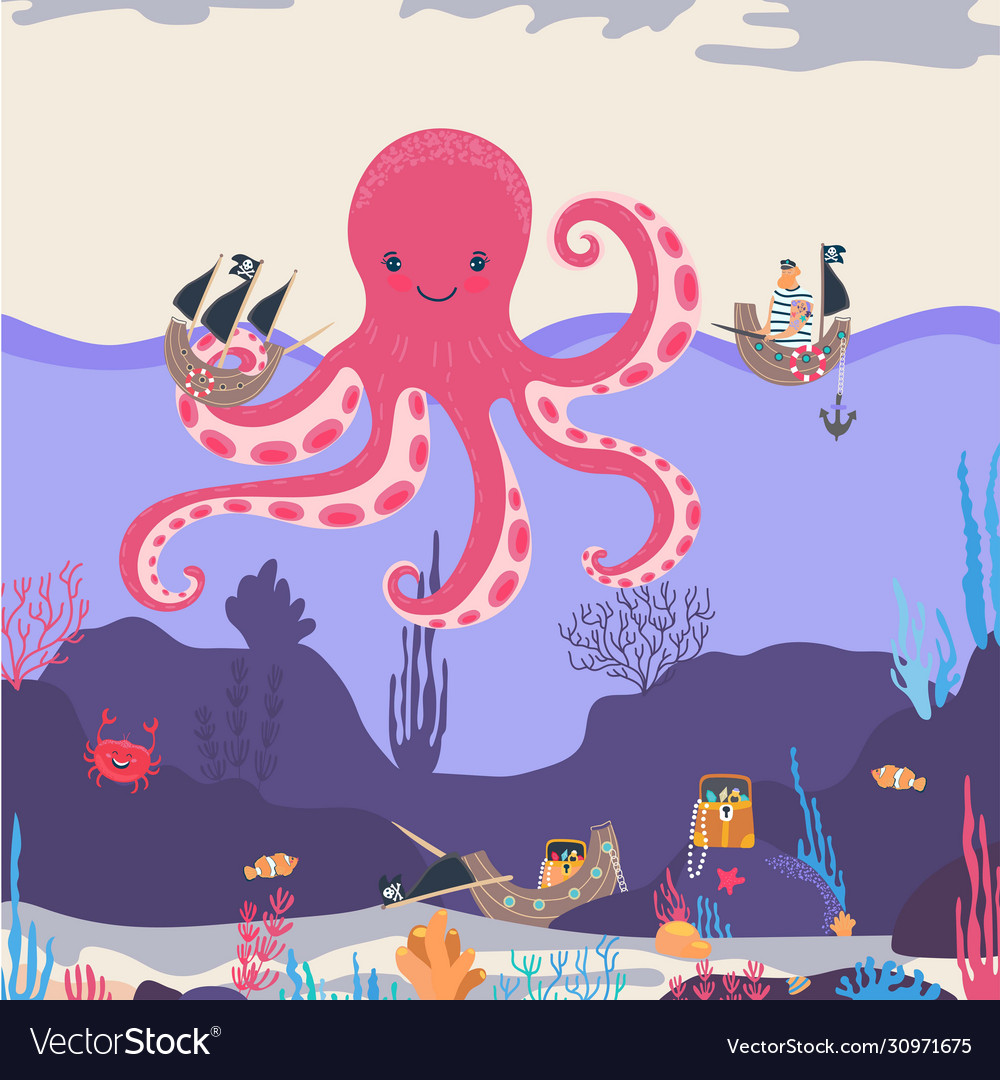 Giant octopus in ocean childish cartoon character Vector Image Giant octopus in ocean childish cartoon character Vector Image