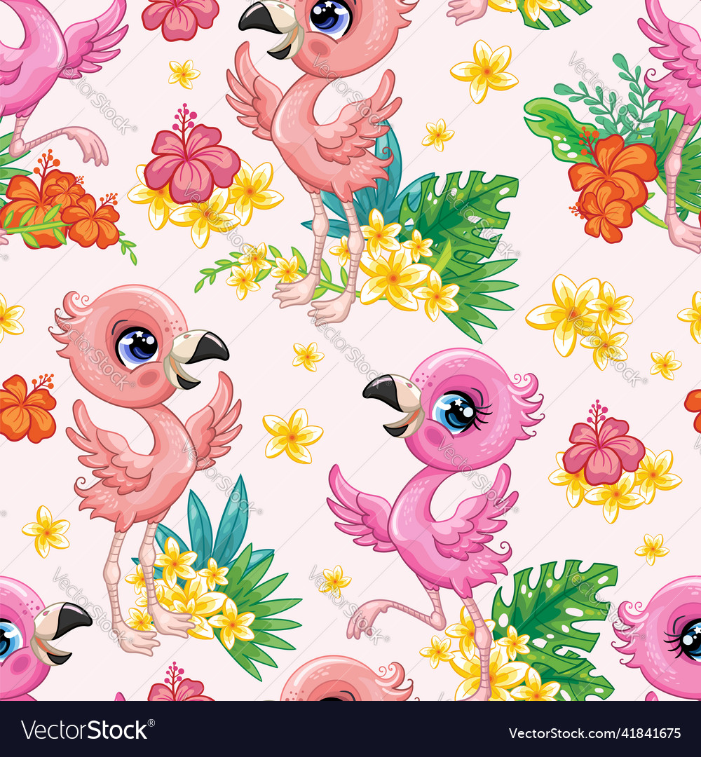 Seamless tropical pattern with cute flamingo birds vector image Seamless tropical pattern with cute flamingo birds