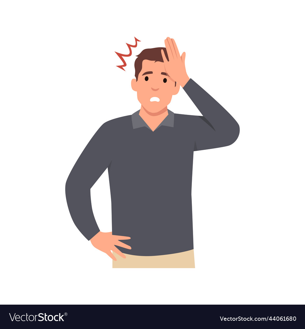 Unhappy young man squeezing head with hands Vector Image