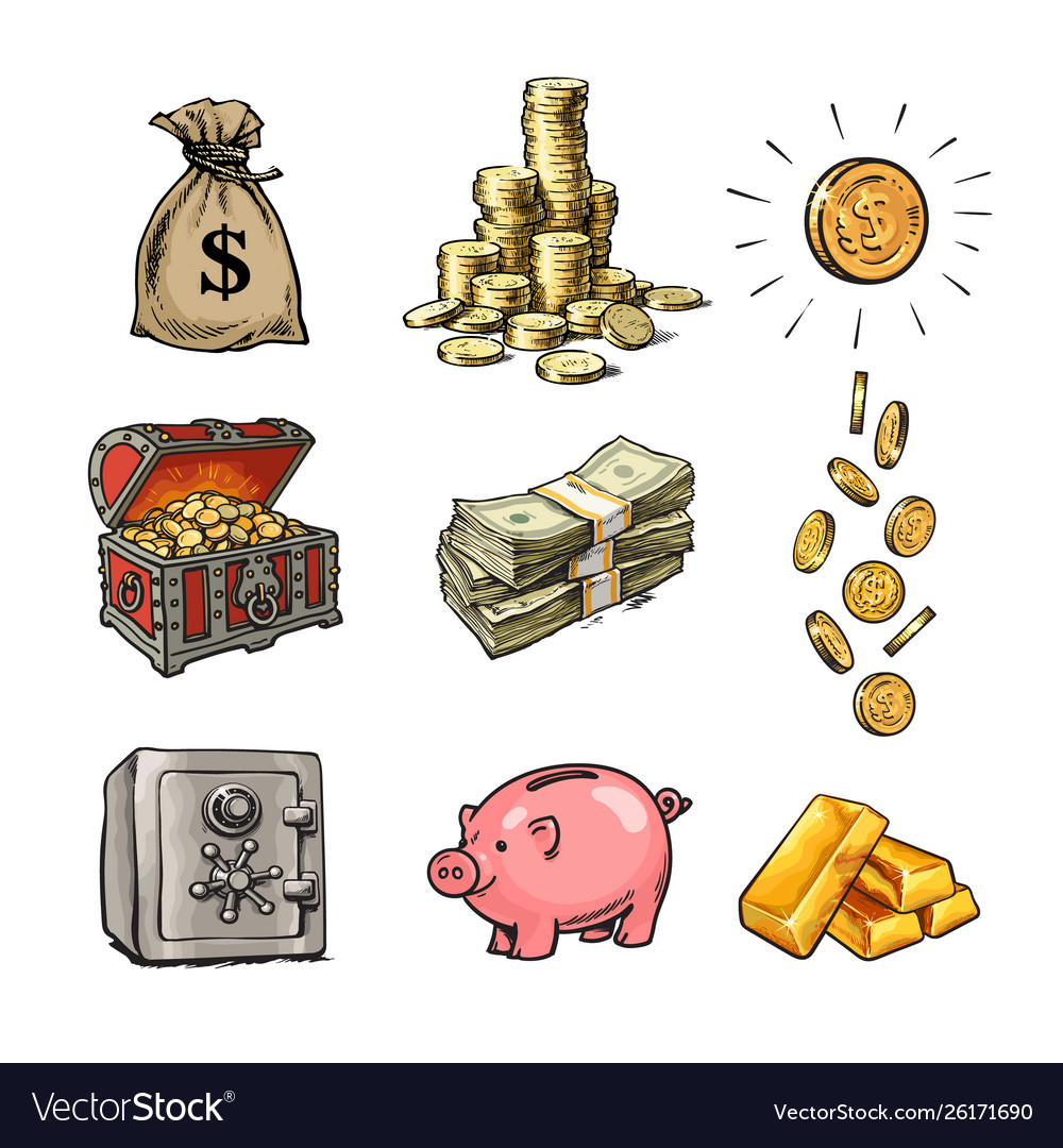 Cartoon finance money set sack dollars stack