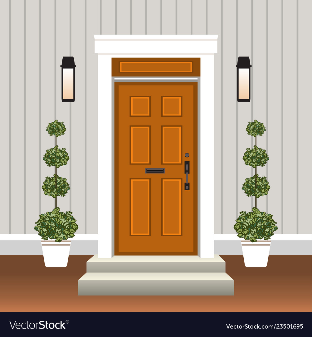 House door front with doorstep and steps, window, - vector clipart