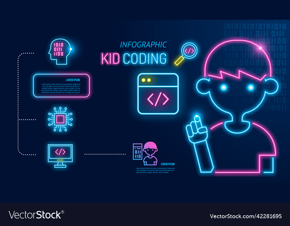Kid coding infographic icon neon boy programming Vector Image