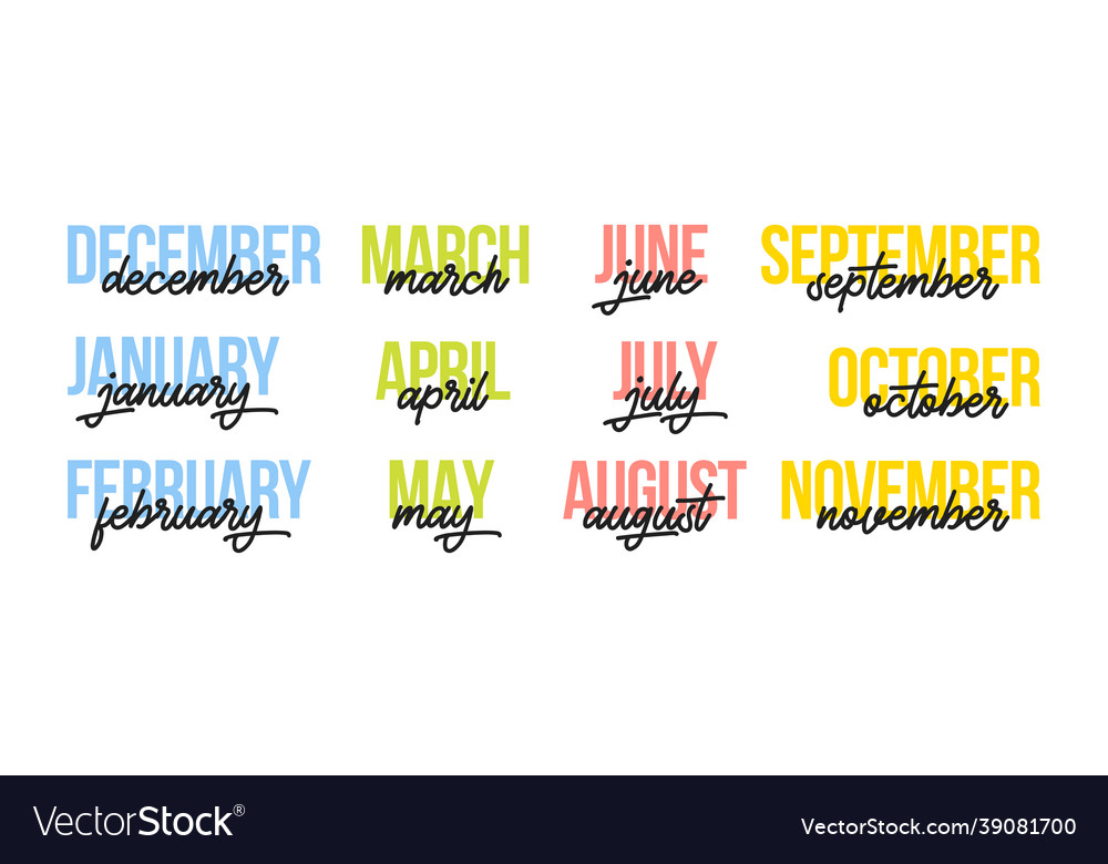 12 Month Lettering Months Of The Year Royalty Free Vector