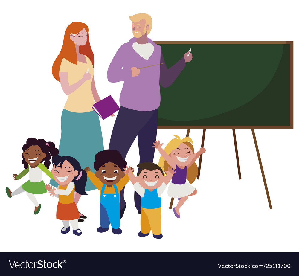 Teachers couple with little students Royalty Free Vector