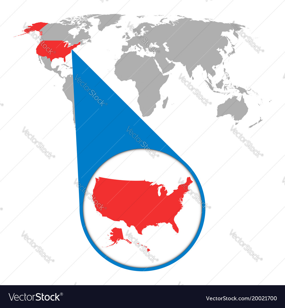 World map with zoom on usa america in loupe vector image