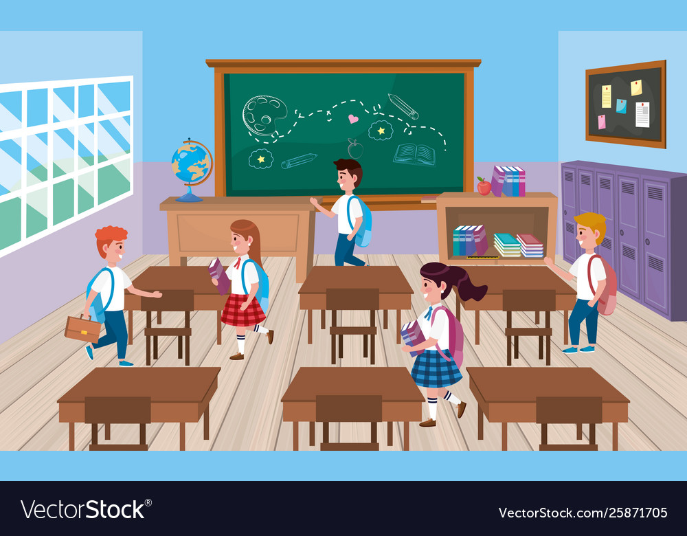 Girls and boys students in classroom Royalty Free Vector