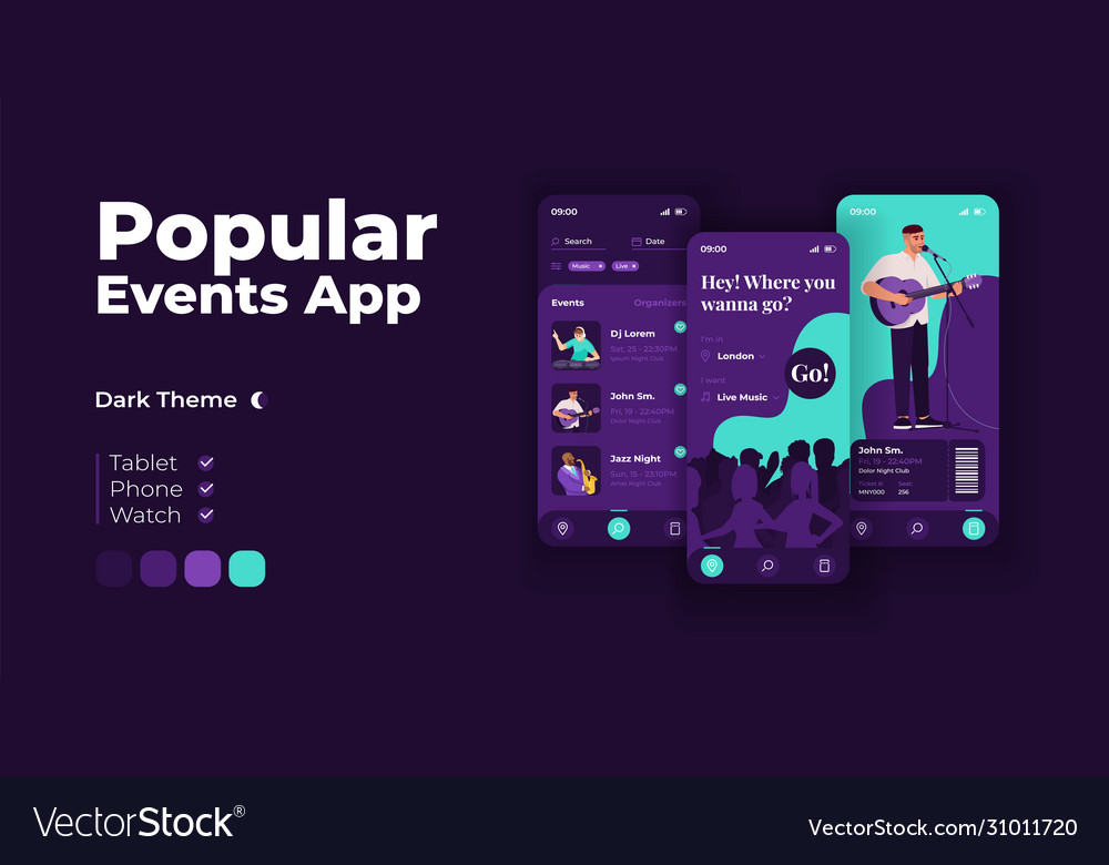 Popular events app cartoon smartphone interface Vector Image Popular events app cartoon smartphone interface Vector Image
