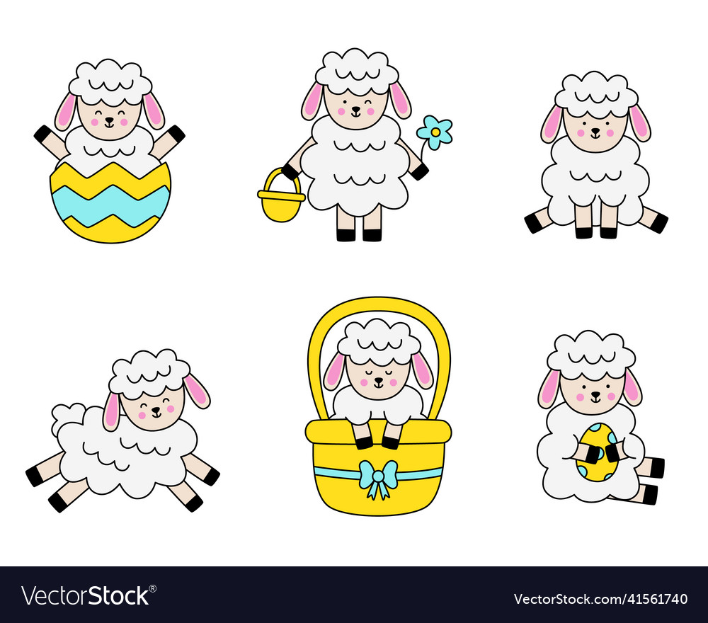 Set Of Cute Baby Lambs In Cartoon Style Royalty Free Vector