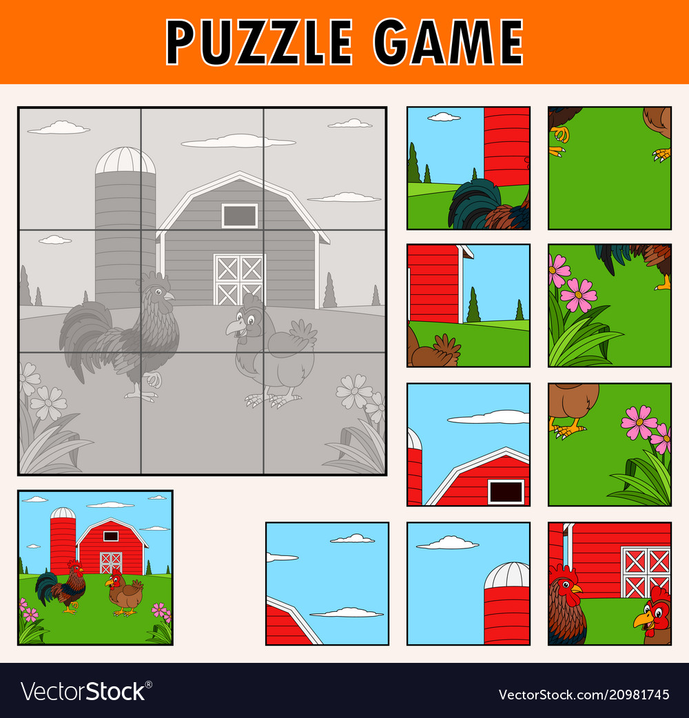 Jigsaw puzzle game with rooster and hen Royalty Free Vector