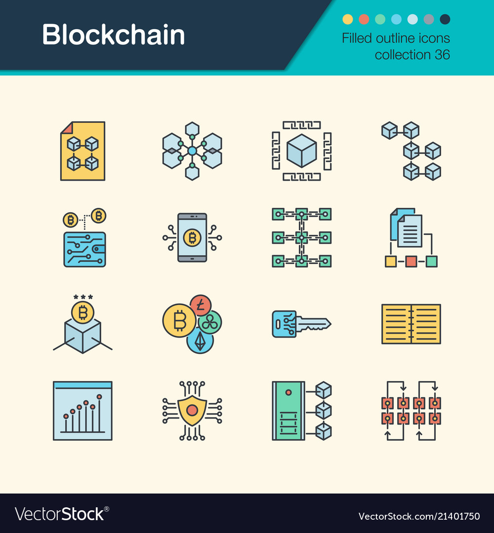 Blockchain icons filled outline design collection