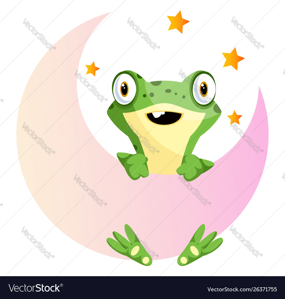Cute baby frog holding on moon on white Royalty Free Vector Cute baby frog holding on moon on white Royalty Free Vector