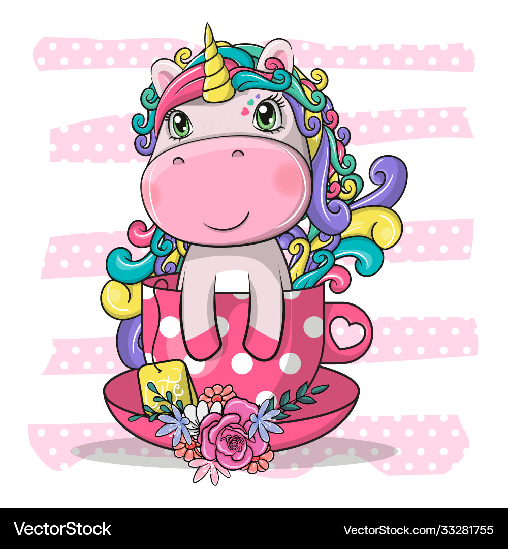 Hand drawn cute magical unicorn with tea cup Vector Image
