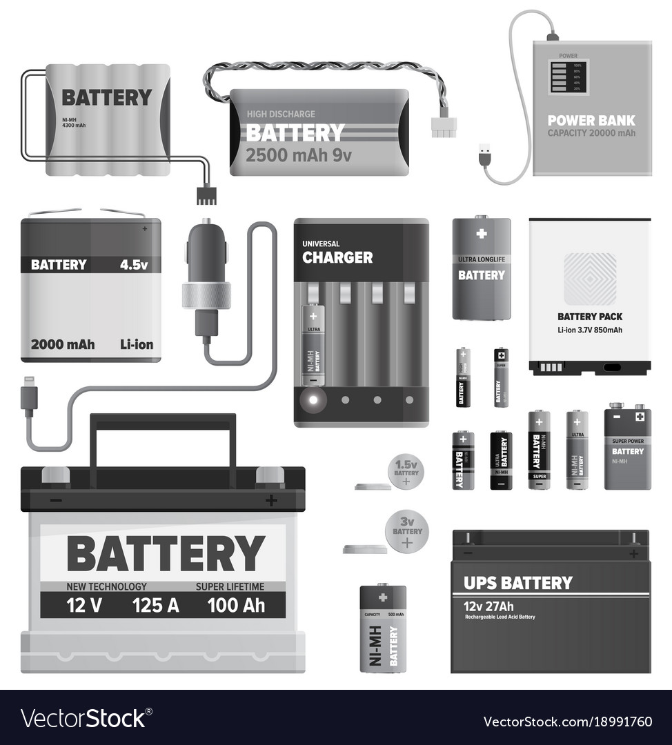 Black and white powerful batteries collection Vector Image
