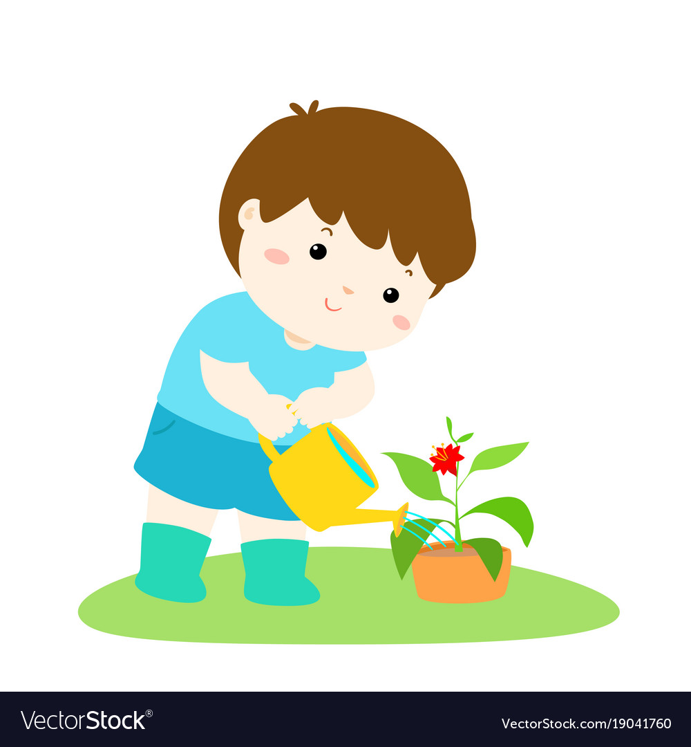 Cute cartoon boy watering plant Royalty Free Vector Image