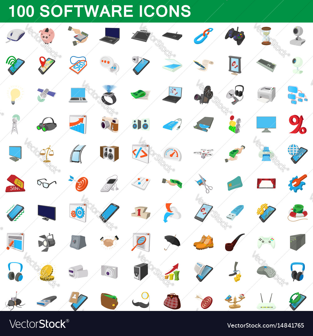 100 software icons set cartoon style Royalty Free Vector