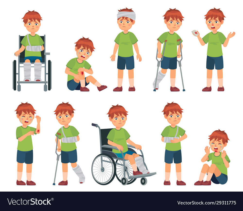 Kid With Injury Boy Bruised Hand Broke Leg Vector Image