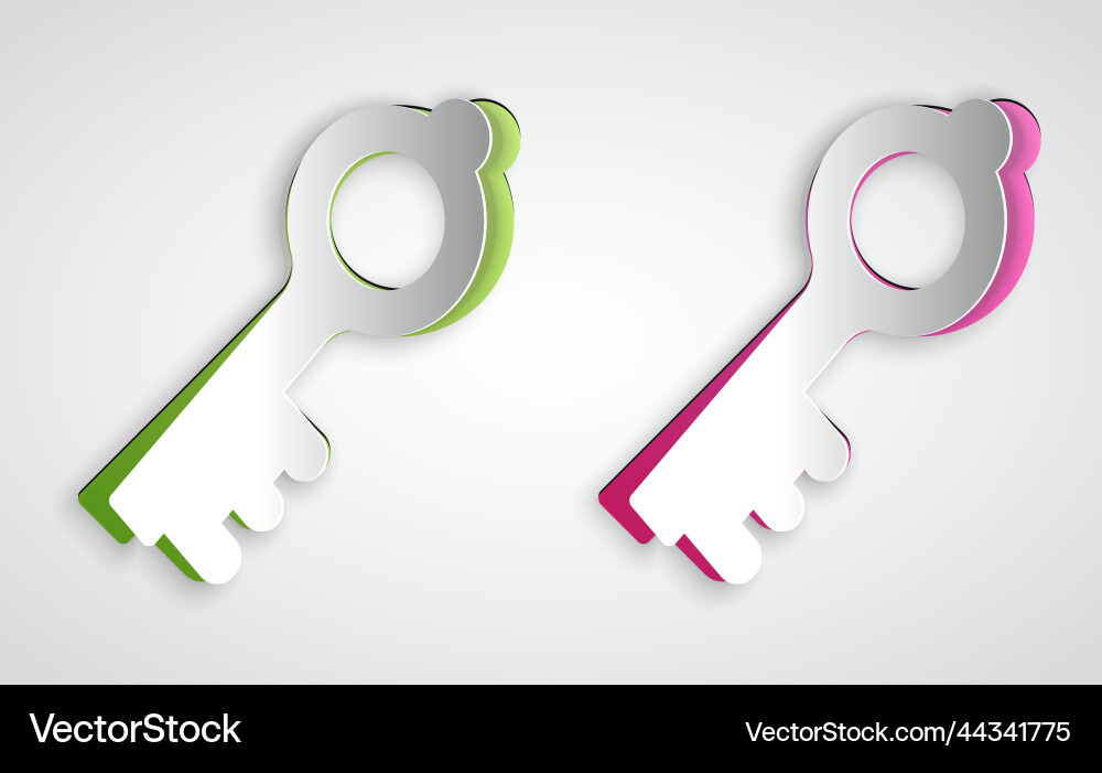 Paper cut old magic key icon isolated on grey Vector Image