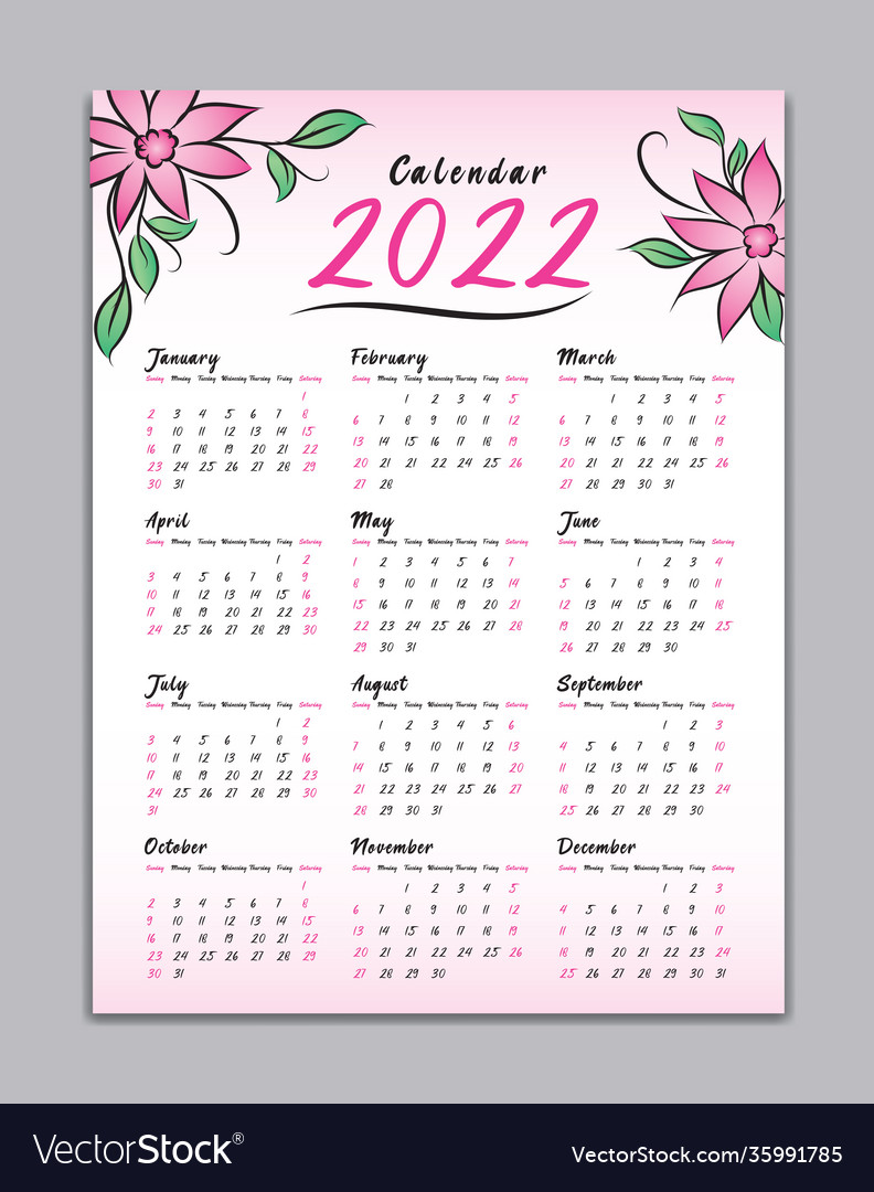 Calendar 2022 template-wall 2022 Royalty Free Vector Image