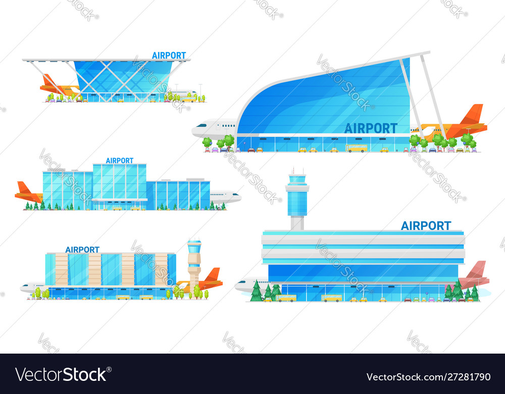 Airport terminal building and airplane icons Vector Image