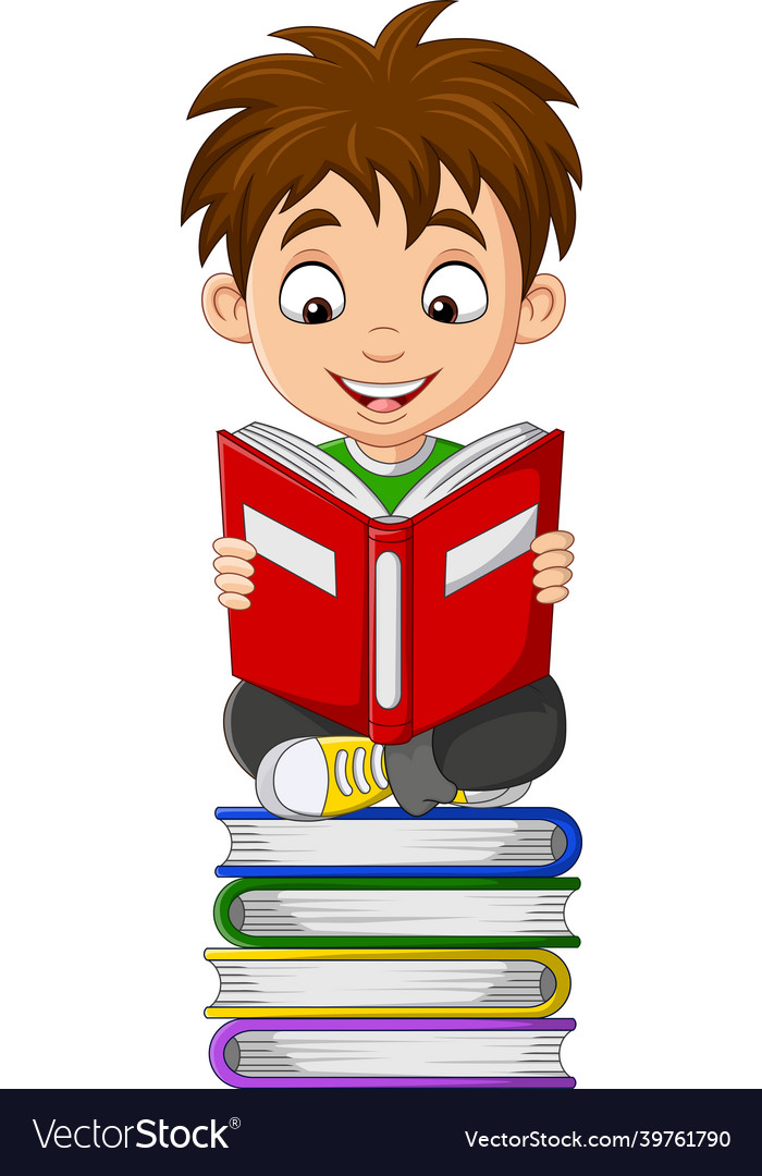 Cartoon little boy reading a book on the pile Vector Image