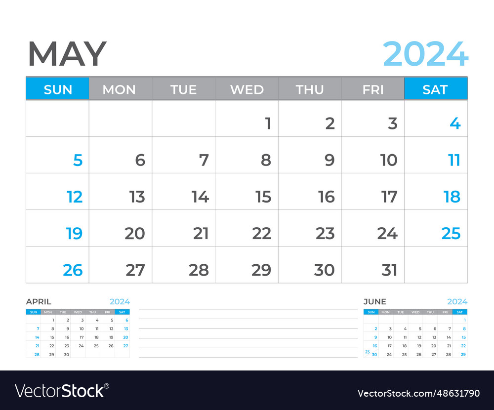 May 2024 page calendar template Royalty Free Vector Image