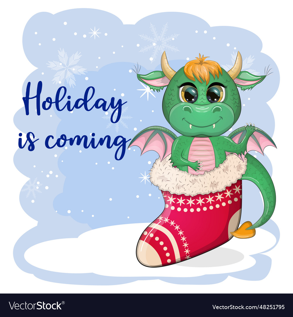 Cute Cartoon Green Dragon In Santa Hat 2024 New Vector Image