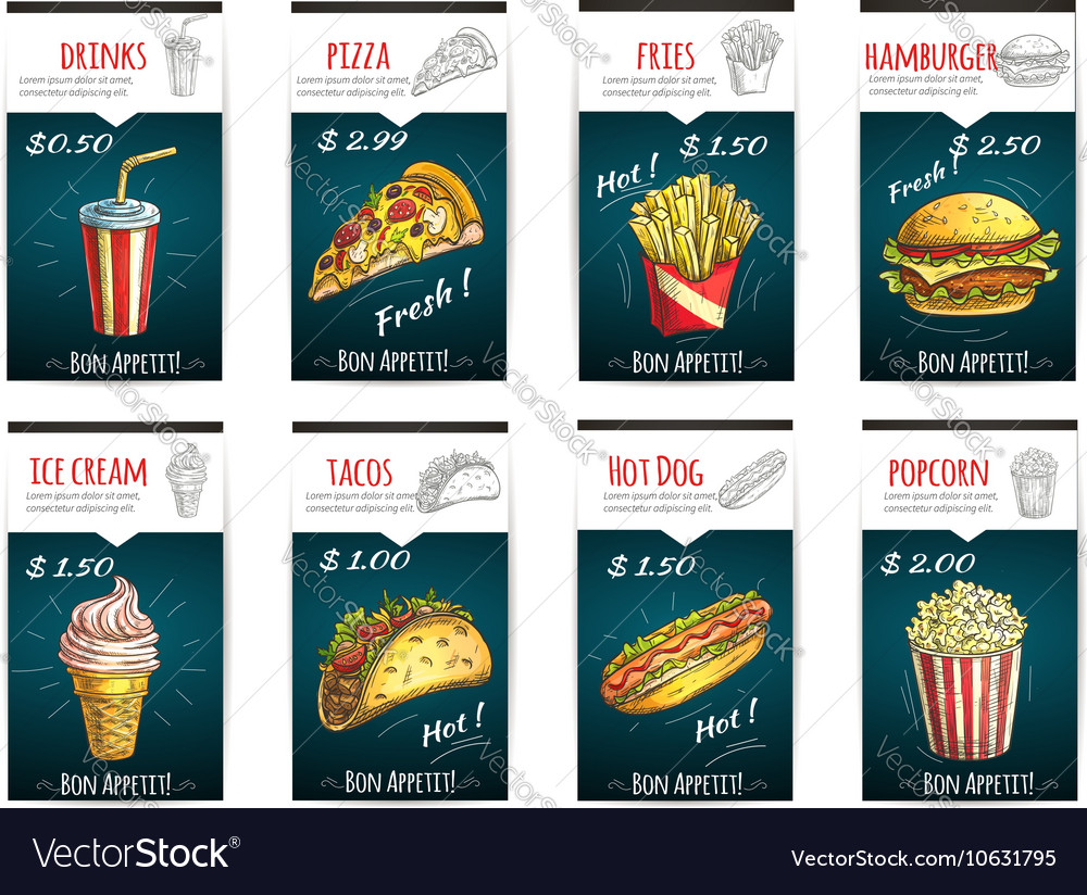 Fast food menu price posters with description Vector Image