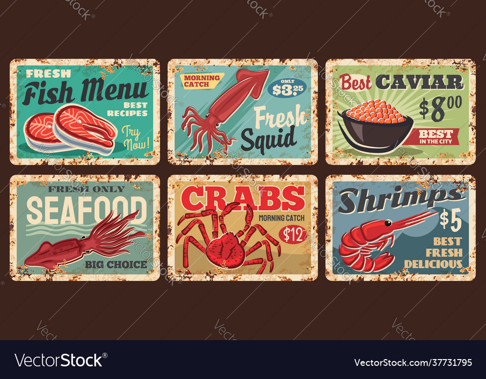 Seafood shop fish squid and shrimp rusty plates Vector Image