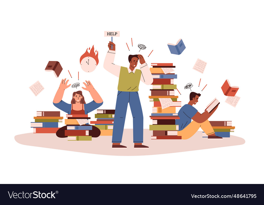 Stressed students preparing for exams flat Vector Image