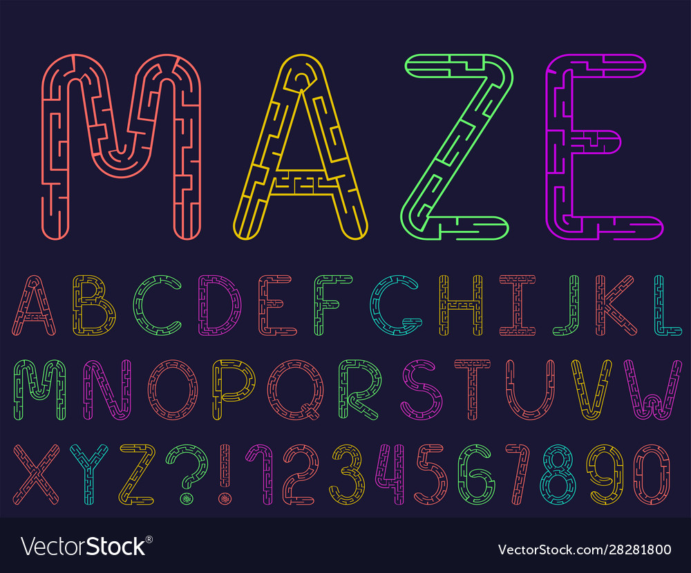 Set line labyrinth font and alphabet universal Vector Image