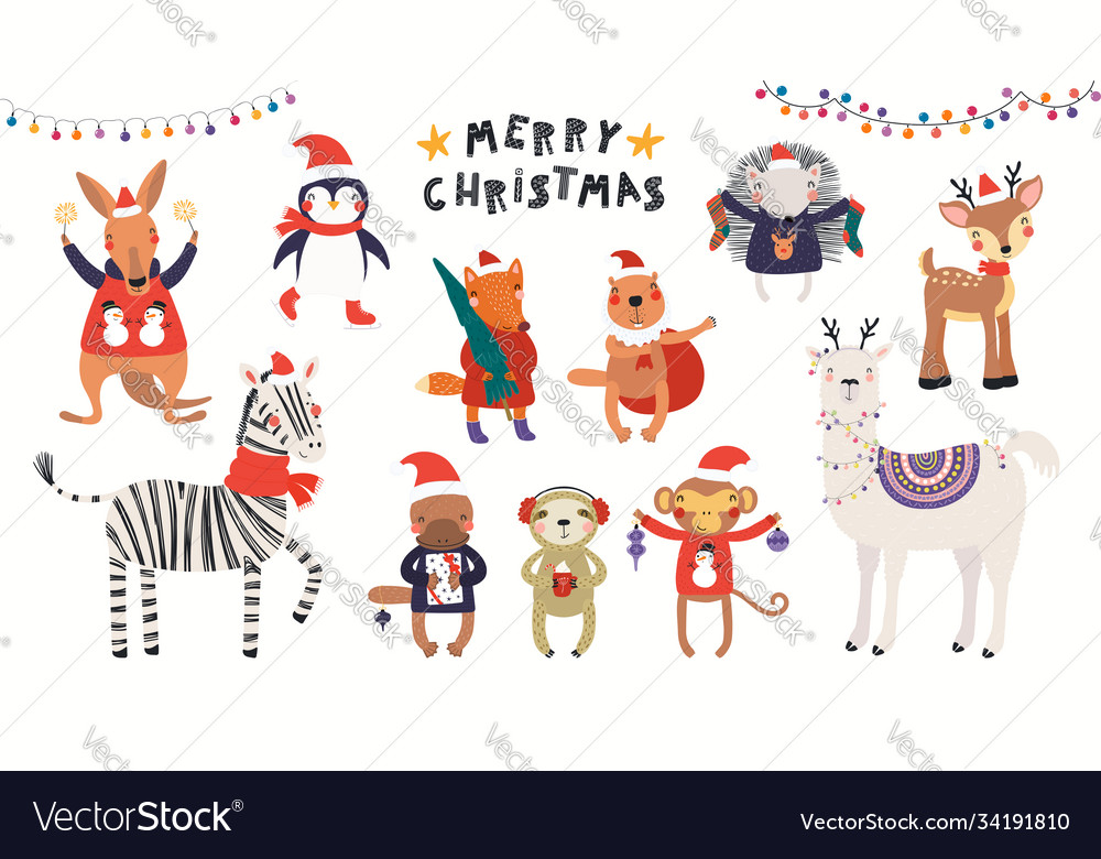 Cute christmas animals set Royalty Free Vector Image