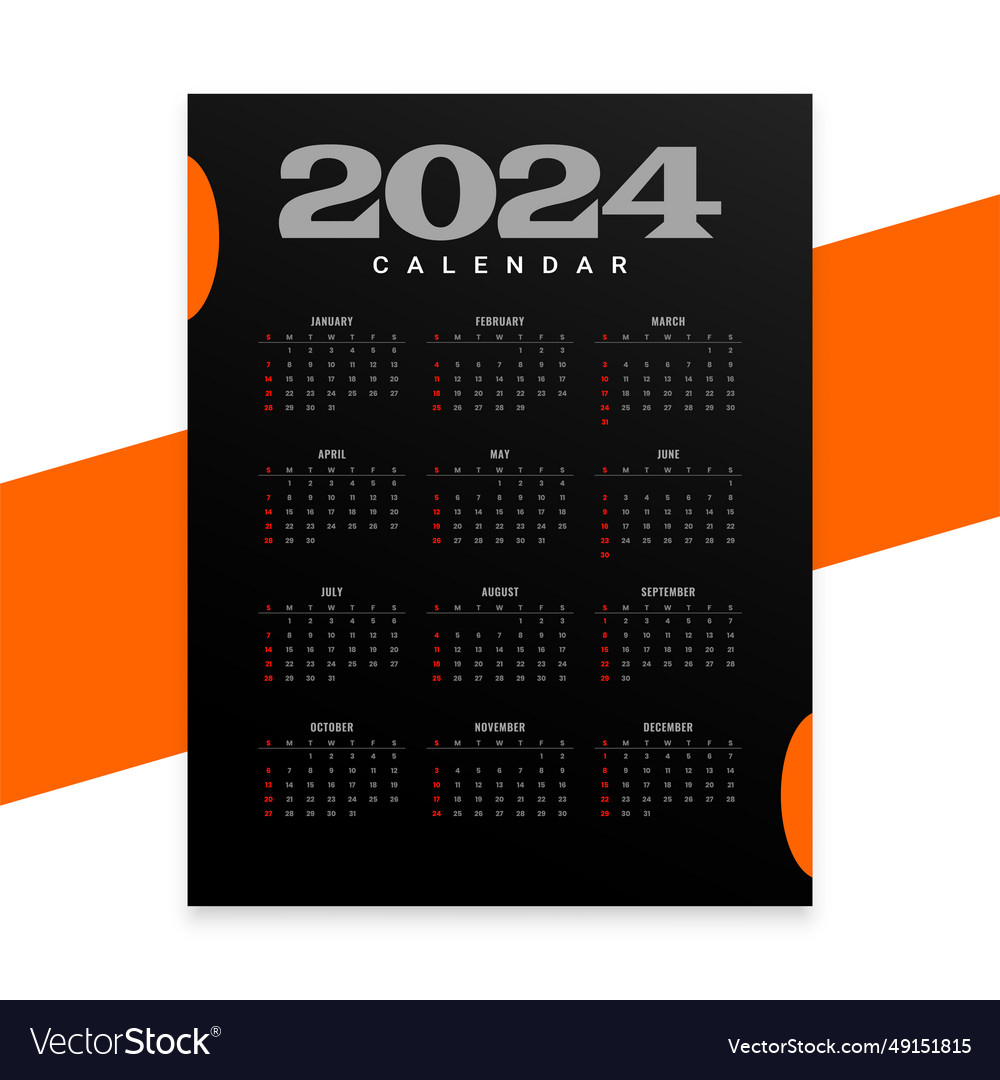 Dark black 2024 new year english calendar layout Vector Image